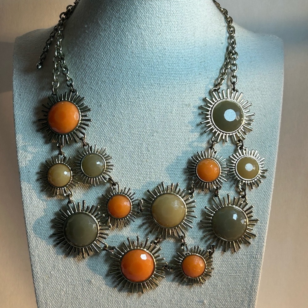 Vintage Sunburst Orange Olive Green Gold Statement Bib Necklace Textured Design